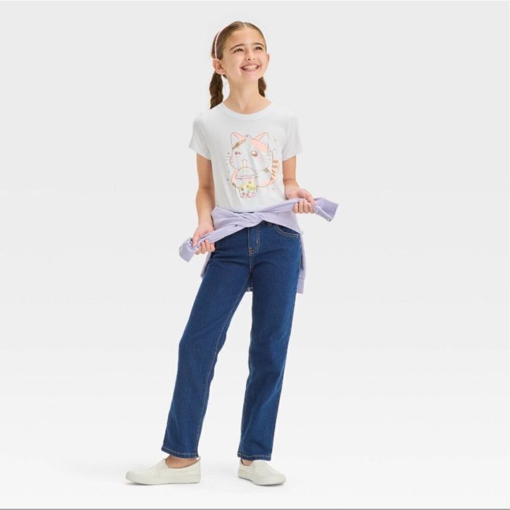 Cat & Jack Girls Mid-Rise Dark Wash Stretch Straight Jeans Size 5 Adjustable